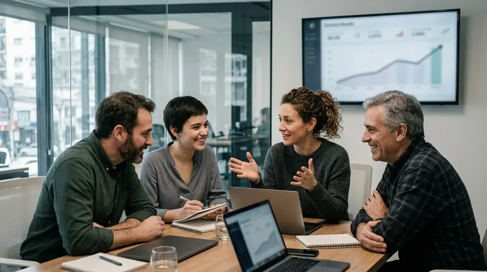 Equipo de una PyME conversa frente a un tablero de resultados con una curva en alza